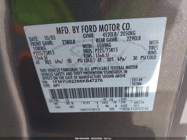 Продажа на аукционе авто 2006 Ford Escape Xls/xls Manual, vin: 1FMYU92Z66KB47276, номер лота: 45443309