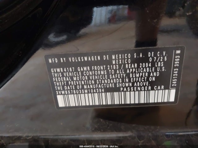 2025 Volkswagen Jetta 1.5t Sport მანქანა იყიდება აუქციონზე, vin: 3VWBX7BU3SM104394, აუქციონის ნომერი: 45443315