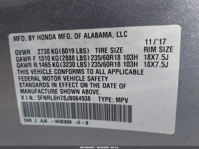 Honda Odyssey Ex-l 2018 5FNRL6H78JB064938 Image 9