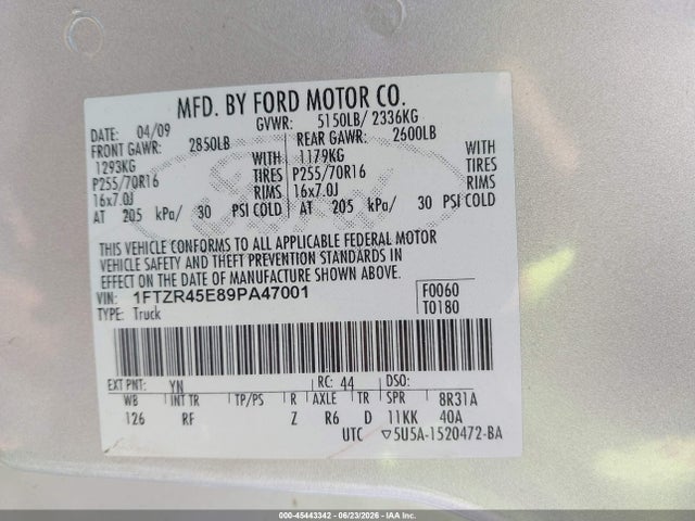 Продаж на аукціоні авто 2009 Ford Ranger Fx4 Off-road/sport/xlt, vin: 1FTZR45E89PA47001, номер лоту: 45443342