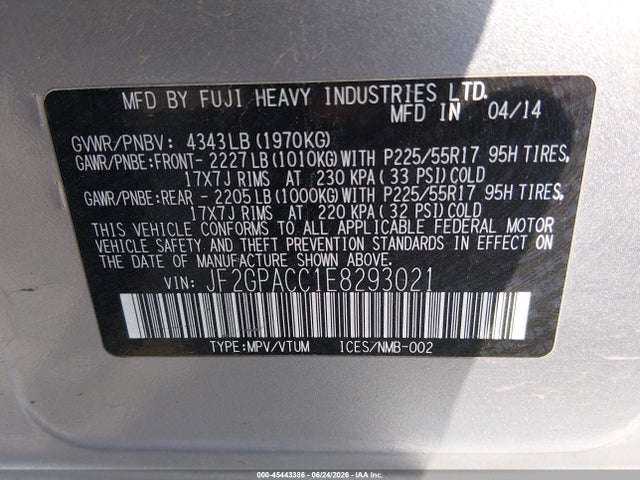 Продаж на аукціоні авто 2014 Subaru Xv Crosstrek 2.0i Premium, vin: JF2GPACC1E8293021, номер лоту: 45443386