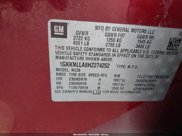 Aukcja sprzedaży 2017 Gmc Acadia Sle-2, vin: 1GKKNLLA8HZ274252, numer aukcji: 45443418