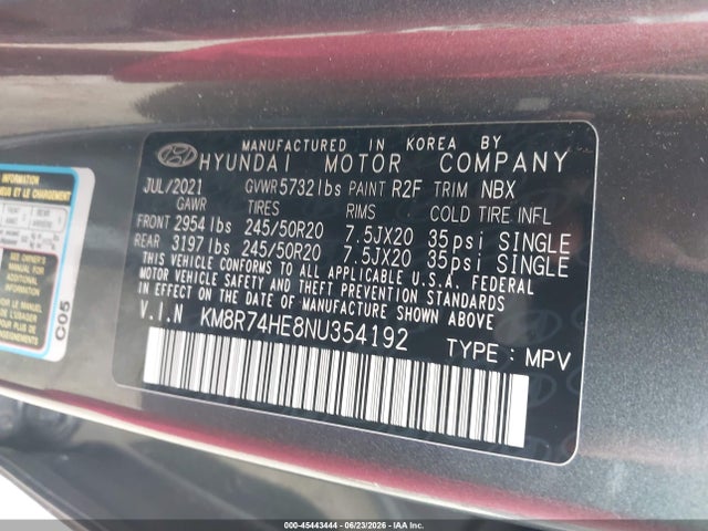 Aukcja sprzedaży 2022 Hyundai Palisade Calligraphy, vin: KM8R74HE8NU354192, numer aukcji: 45443444