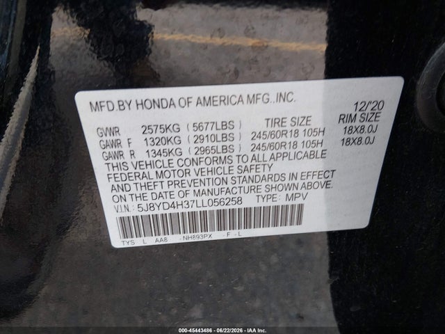 2020 Acura Mdx Standard მანქანა იყიდება აუქციონზე, vin: 5J8YD4H37LL056258, აუქციონის ნომერი: 45443486