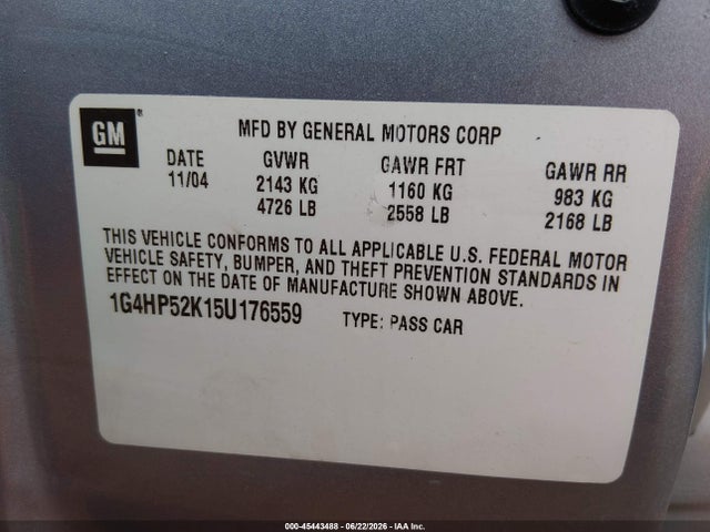 45443488 :رقم المزاد ، 1G4HP52K15U176559 vin ، 2005 Buick Lesabre Custom مزاد بيع