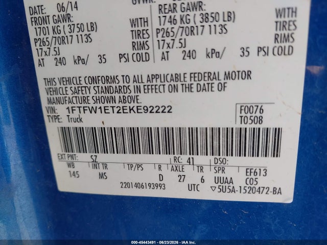 Aukcja sprzedaży 2014 Ford F-150 Xlt, vin: 1FTFW1ET2EKE92222, numer aukcji: 45443491