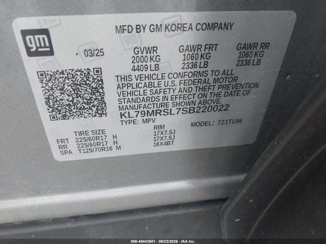 45443501 :رقم المزاد ، KL79MRSL7SB220022 vin ، 2025 Chevrolet Trailblazer Awd Lt مزاد بيع