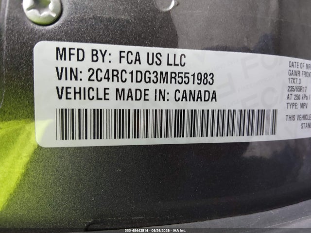 45443514 :رقم المزاد ، 2C4RC1DG3MR551983 vin ، 2021 Chrysler Voyager Lxi مزاد بيع