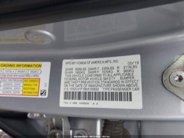 Продаж на аукціоні авто 2019 Honda Accord Lx, vin: 1HGCV1F15KA105832, номер лоту: 45443523