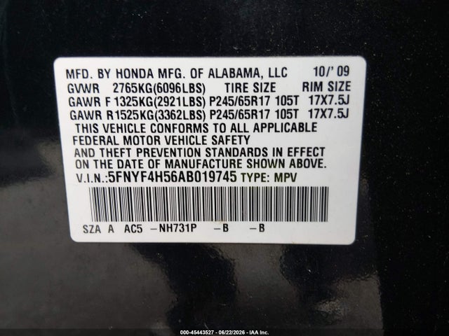 2010 Honda Pilot Ex-l მანქანა იყიდება აუქციონზე, vin: 5FNYF4H56AB019745, აუქციონის ნომერი: 45443527