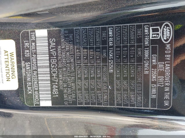 2013 Land Rover Range Rover Evoque Pure Plus მანქანა იყიდება აუქციონზე, vin: SALVP1BG3DH714481, აუქციონის ნომერი: 45443531
