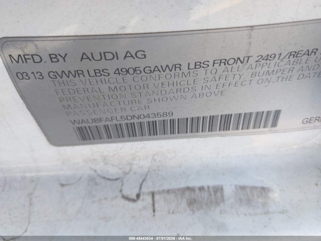45443534 :رقم المزاد ، WAUBFAFL5DN043589 vin ، 2013 Audi A4 2.0t Premium مزاد بيع