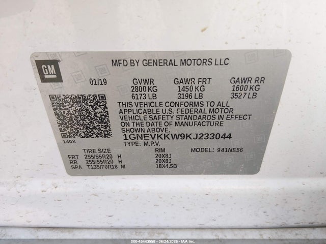 45443558 :رقم المزاد ، 1GNEVKKW9KJ233044 vin ، 2019 Chevrolet Traverse Premier مزاد بيع