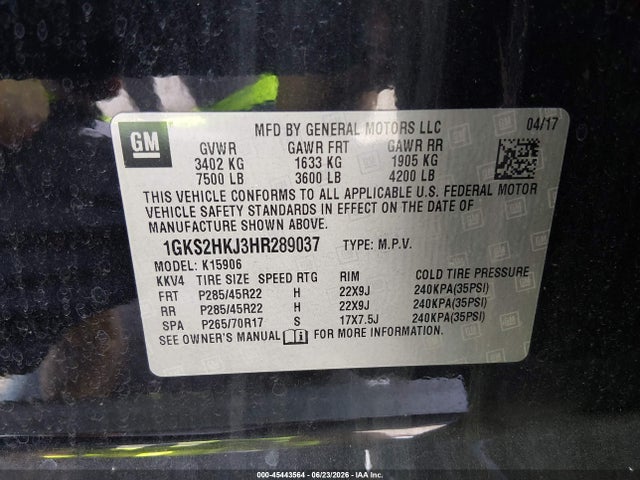 2017 Gmc Yukon Xl Denali მანქანა იყიდება აუქციონზე, vin: 1GKS2HKJ3HR289037, აუქციონის ნომერი: 45443564