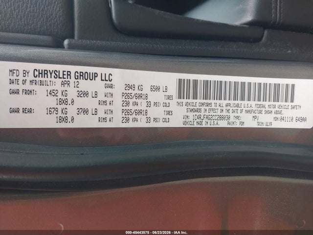2012 Jeep Grand Cherokee Laredo მანქანა იყიდება აუქციონზე, vin: 1C4RJFAG2CC288030, აუქციონის ნომერი: 45443575