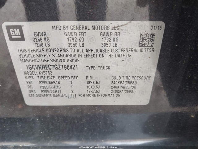 Aukcja sprzedaży 2016 Chevrolet Silverado 1500 Lt, vin: 1GCVKREC7GZ196421, numer aukcji: 45443603