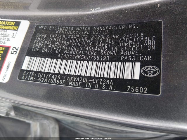 4T1B11HK5KU768193 Toyota CAMRY SE