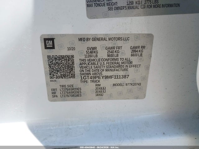 Продажа на аукционе авто 2021 Gmc Sierra 2500hd 4wd  Standard Bed At4, vin: 1GT49PEY9MF111387, номер лота: 45443640