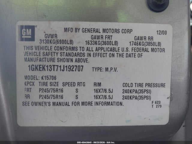 Продаж на аукціоні авто 2001 Gmc Yukon Slt, vin: 1GKEK13T71J192707, номер лоту: 45443645