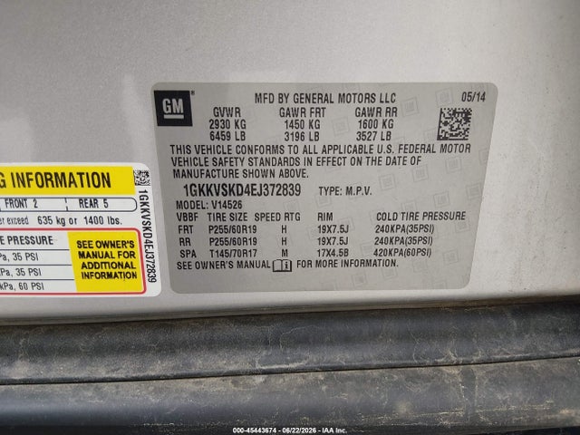 45443674 :رقم المزاد ، 1GKKVSKD4EJ372839 vin ، 2014 Gmc Acadia Slt-2 مزاد بيع