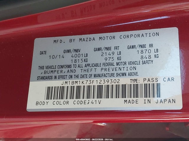 Aukcja sprzedaży 2015 Mazda Mazda3 I Sport, vin: JM1BM1K73F1239302, numer aukcji: 45443682