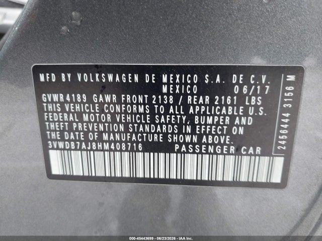 Продаж на аукціоні авто 2017 Volkswagen Jetta 1.4t Se, vin: 3VWDB7AJ8HM408716, номер лоту: 45443699