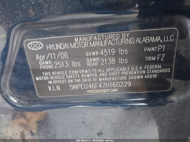 Auction sale of the 2007 Hyundai Sonata Limited/limited W/xm/se/se W/xm, vin: 5NPEU46F47H160229, lot number: 45443711