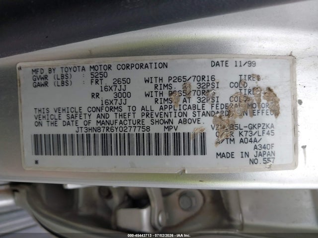 2000 Toyota 4runner Limited V6 მანქანა იყიდება აუქციონზე, vin: JT3HN87R6Y0277758, აუქციონის ნომერი: 45443713