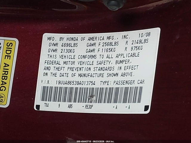 2009 Acura Tl 3.5 მანქანა იყიდება აუქციონზე, vin: 19UUA86539A013754, აუქციონის ნომერი: 45443718