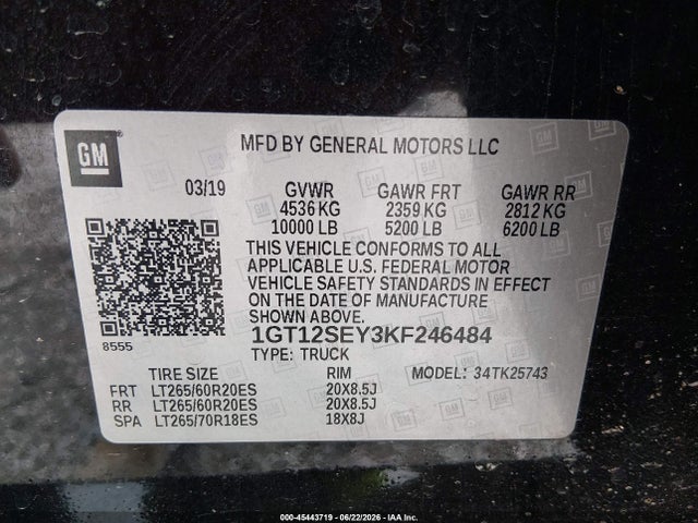 45443719 :رقم المزاد ، 1GT12SEY3KF246484 vin ، 2019 Gmc Sierra 2500hd Denali مزاد بيع