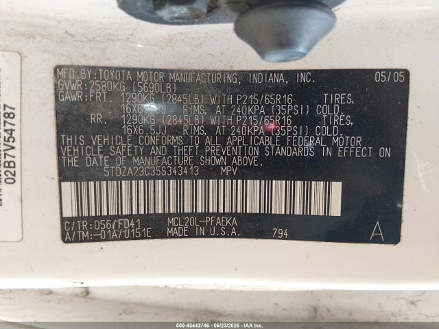 Продаж на аукціоні авто 2005 Toyota Sienna Ce, vin: 5TDZA23C35S343413, номер лоту: 45443746