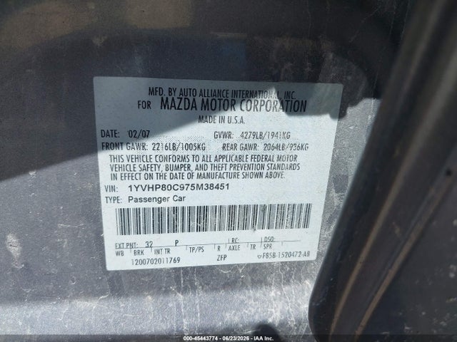 Aukcja sprzedaży 2007 Mazda Mazda6 I Sport Ve, vin: 1YVHP80C975M38451, numer aukcji: 45443774
