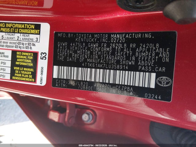 Toyota CAMRY XSE 2020 4T1K61AK7LU358914 Image 9