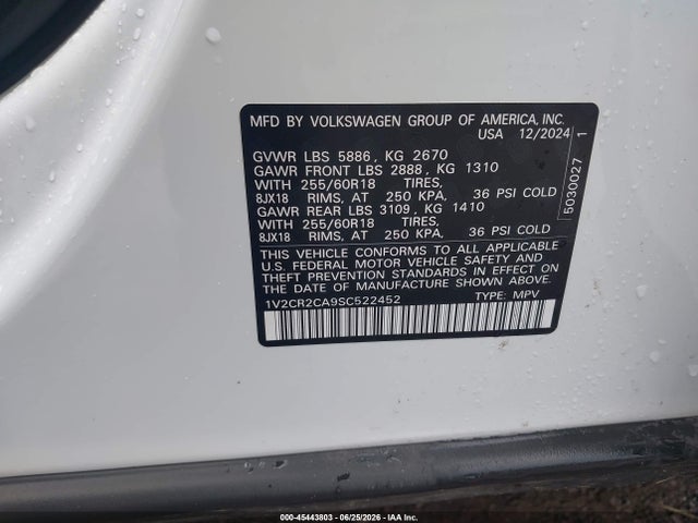 Aukcja sprzedaży 2025 Volkswagen Atlas 2.0t Peak Edition, vin: 1V2CR2CA9SC522452, numer aukcji: 45443803