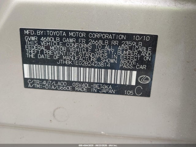 Продаж на аукціоні авто 2011 Lexus Es 350, vin: JTHBK1EG2B2423814, номер лоту: 45443820