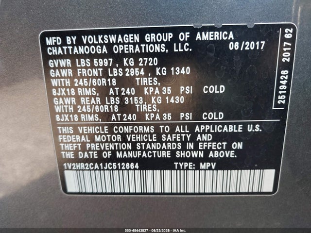 Продаж на аукціоні авто 2018 Volkswagen Atlas 3.6l V6 Launch Edition, vin: 1V2HR2CA1JC512664, номер лоту: 45443827