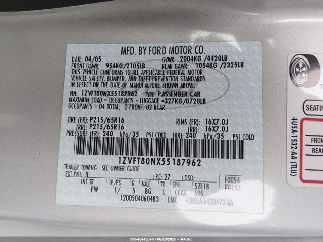 2005 Ford Mustang მანქანა იყიდება აუქციონზე, vin: 1ZVFT80NX55187962, აუქციონის ნომერი: 45443844