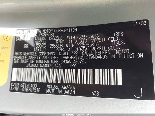 2004 Lexus Rx 330 მანქანა იყიდება აუქციონზე, vin: JTJHA31U340052146, აუქციონის ნომერი: 45443846