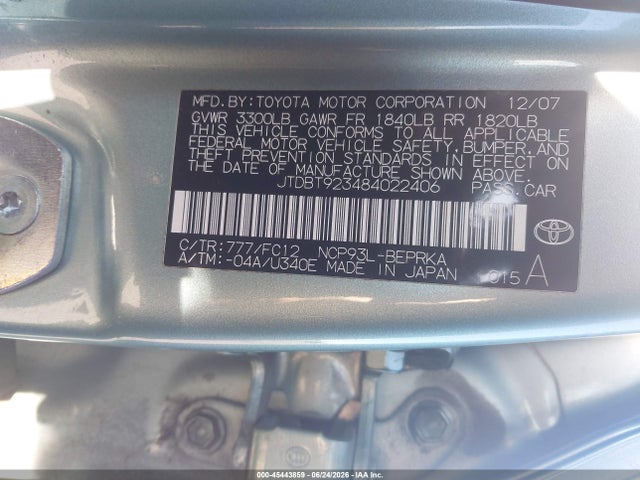 Aukcja sprzedaży 2008 Toyota Yaris, vin: JTDBT923484022406, numer aukcji: 45443859