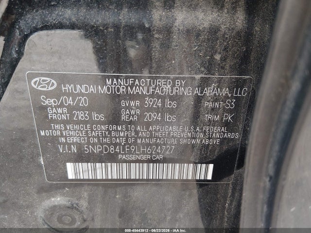 45443912 :رقم المزاد ، 5NPD84LF9LH624727 vin ، 2020 Hyundai Elantra Sel مزاد بيع