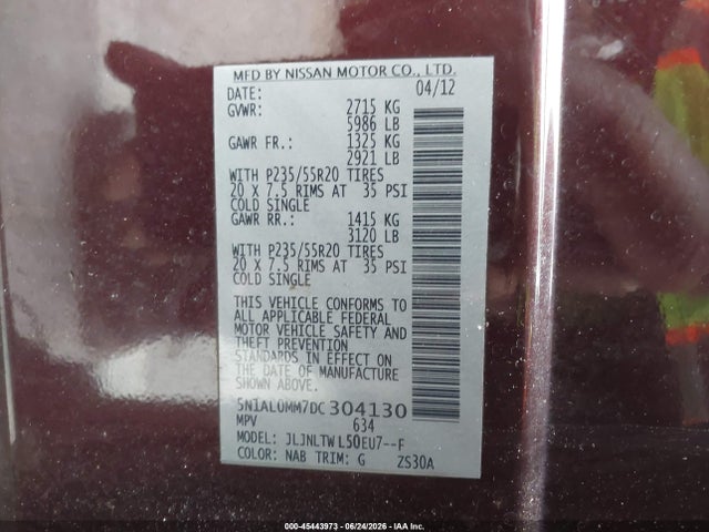 Aukcja sprzedaży 2013 Infiniti Jx35, vin: 5N1AL0MM7DC304130, numer aukcji: 45443973