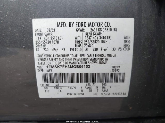 Продажа на аукционе авто 2021 Ford Explorer Limited, vin: 1FMSK7FH3MGB06153, номер лота: 45444012