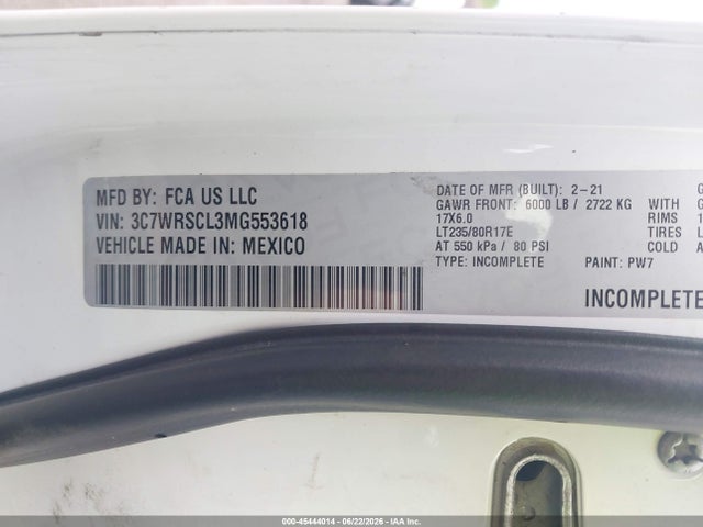 45444014 :رقم المزاد ، 3C7WRSCL3MG553618 vin ، 2021 Ram 3500 Chassis Tradesman/slt/laramie/limited مزاد بيع