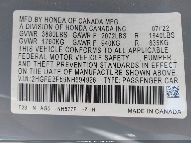 2HGFE2F59NH594926 Honda Civic Sport