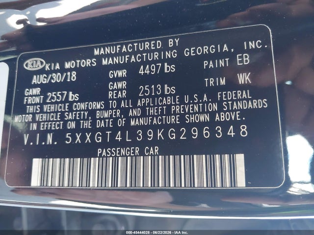 Auction sale of the 2019 Kia Optima Lx, vin: 5XXGT4L39KG296348, lot number: 45444028