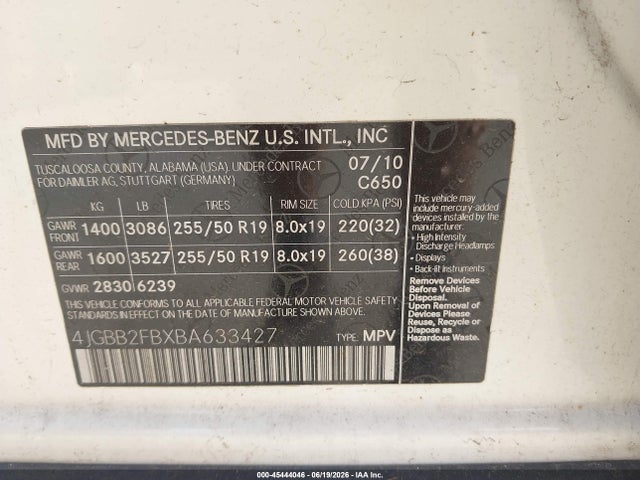 45444046 :رقم المزاد ، 4JGBB2FBXBA633427 vin ، 2011 Mercedes-benz Ml 350 Bluetec 4matic مزاد بيع