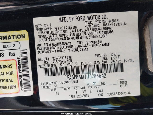 Auction sale of the 2017 Ford Mustang V6, vin: 1FA6P8AM1H5285642, lot number: 45444048