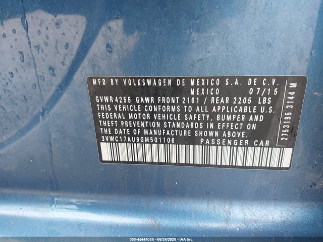 45444088 :رقم المزاد ، 3VWC17AU9GM501106 vin ، 2016 Volkswagen Golf Sportwagen Tsi S 4-door مزاد بيع