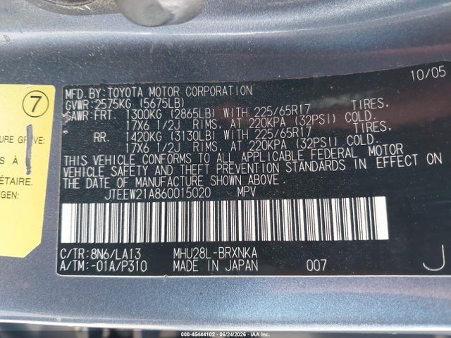Продаж на аукціоні авто 2006 Toyota Highlander Hybrid Limited V6, vin: JTEEW21A860015020, номер лоту: 45444102