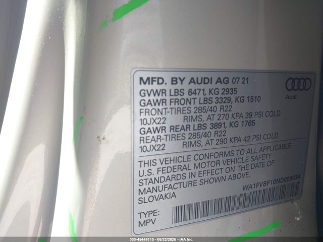 Продаж на аукціоні авто 2022 Audi Q8 Prestige 55 Tfsi Quattro Tiptronic, vin: WA1FVBF10ND003434, номер лоту: 45444115